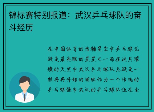 锦标赛特别报道：武汉乒乓球队的奋斗经历
