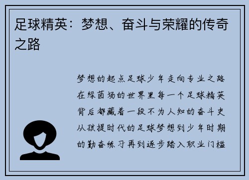 足球精英：梦想、奋斗与荣耀的传奇之路