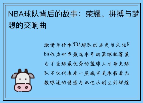 NBA球队背后的故事：荣耀、拼搏与梦想的交响曲