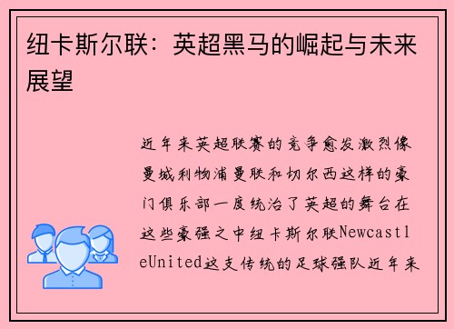 纽卡斯尔联：英超黑马的崛起与未来展望