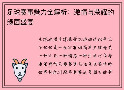 足球赛事魅力全解析：激情与荣耀的绿茵盛宴