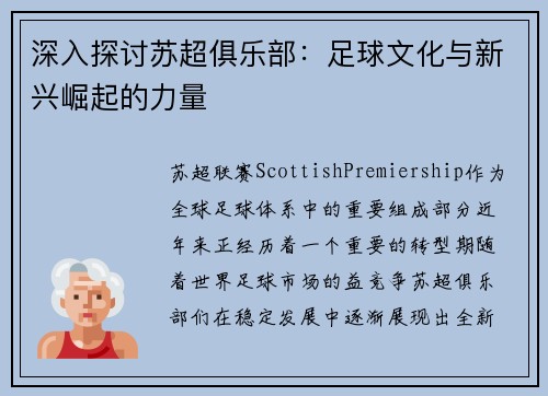 深入探讨苏超俱乐部：足球文化与新兴崛起的力量