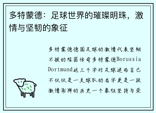 多特蒙德：足球世界的璀璨明珠，激情与坚韧的象征