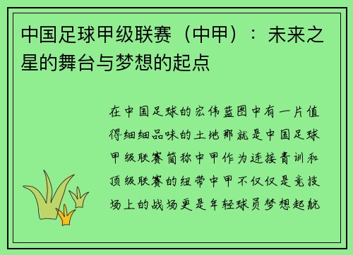 中国足球甲级联赛（中甲）：未来之星的舞台与梦想的起点